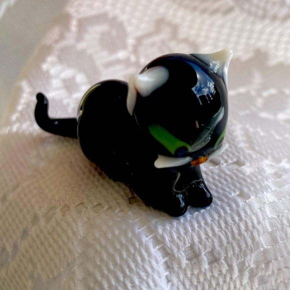 Vintage Black Cat with Green Eyes Lampwork Glass Figurine. Handmade. - Picture 1 of 7